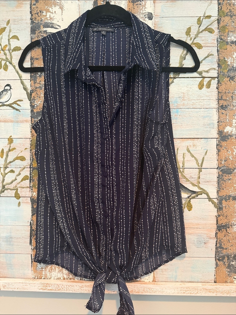 Adrianna Papell Navy Sleeveless Tie-Front Button Tank with White Dots
